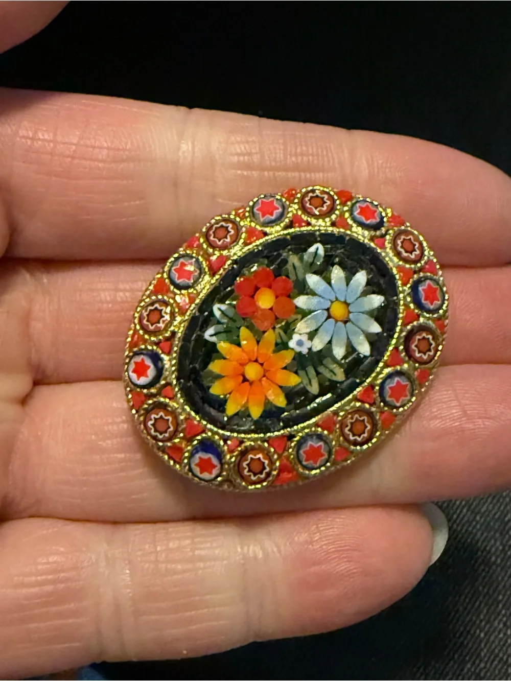 Vintage Handmade Italian Micro Mosaic Floral Brooch